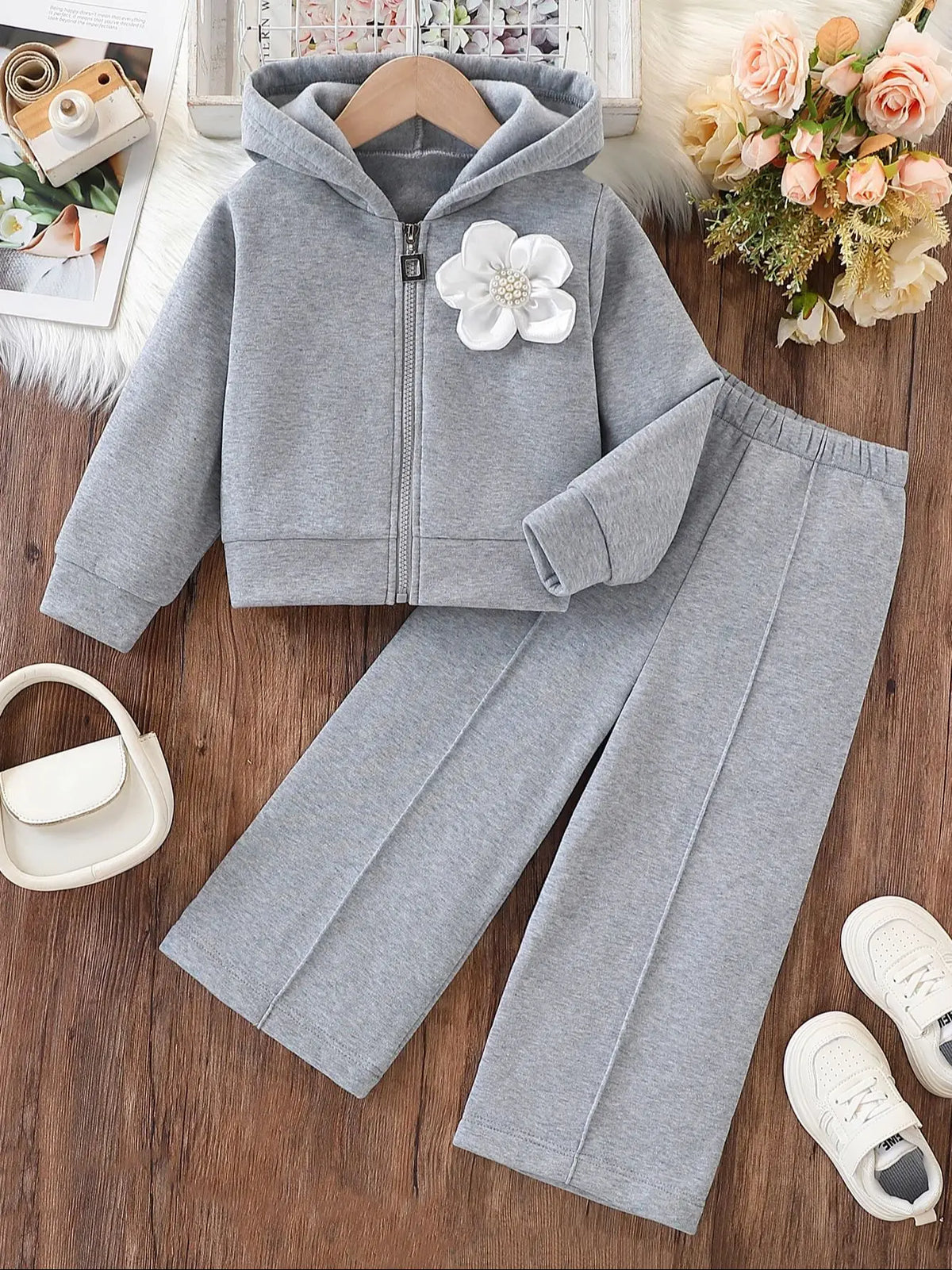 Ensemble 2 pièces pour filles, tenue doublée polaire d'automne et d'hiver, élégant et à la mode, veste à manches longues à capuche zippée + pantalon, ensemble deux pièces, vêtements chauds d'extérieur d'hiver pour