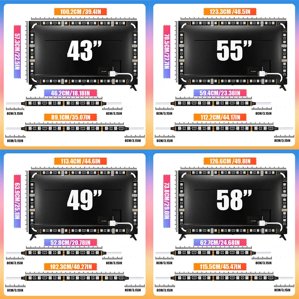 5V USB LED Strip Light, TV Backlight Strip with Remote Control, DIY Color Lighting, 49/49/55/58 inch, Decoration