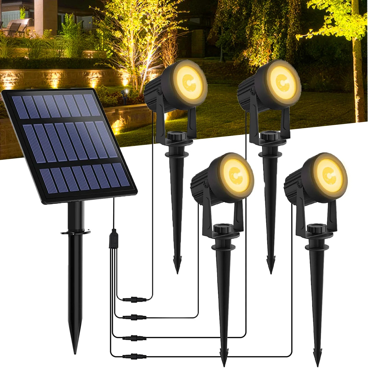 3000K Solar Tree Light for Outdoor Garden Decoration, IP65 Waterproof, 4 LED Warm Lights, Courtyard Landscape, Street Wall Solar Projector