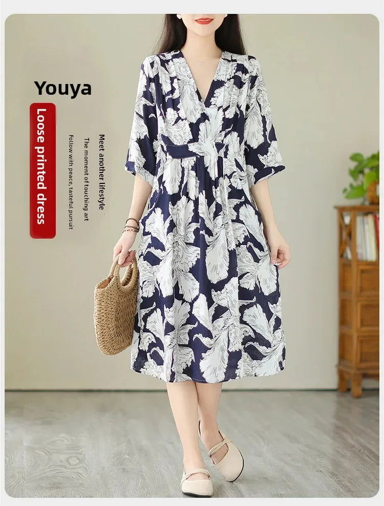 Robe mi-longue amincissante pour femmes, grande taille, imprimé Vintage, ceinture, taille ample, nouveau Style, longueur aux genoux, col en v, Fiber de Polyester, été
