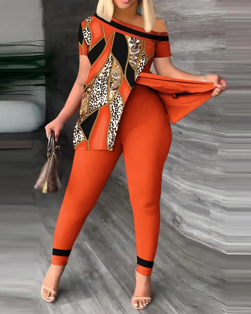 Women's Printed 2 Piece Set, Irregular Slanted Collar Split Top Short Sleeve Long Pants Colorful Outfit Fashion Women Pant Suit