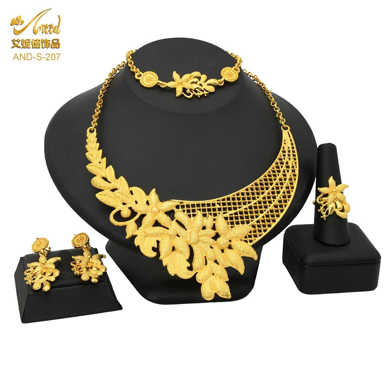 Grand collier et boucles d'oreilles éthiopiens de luxe, ensembles de bijoux pour femmes, dubaï, mariée indienne, couleur or 24 carats, cadeaux de fête de mariage