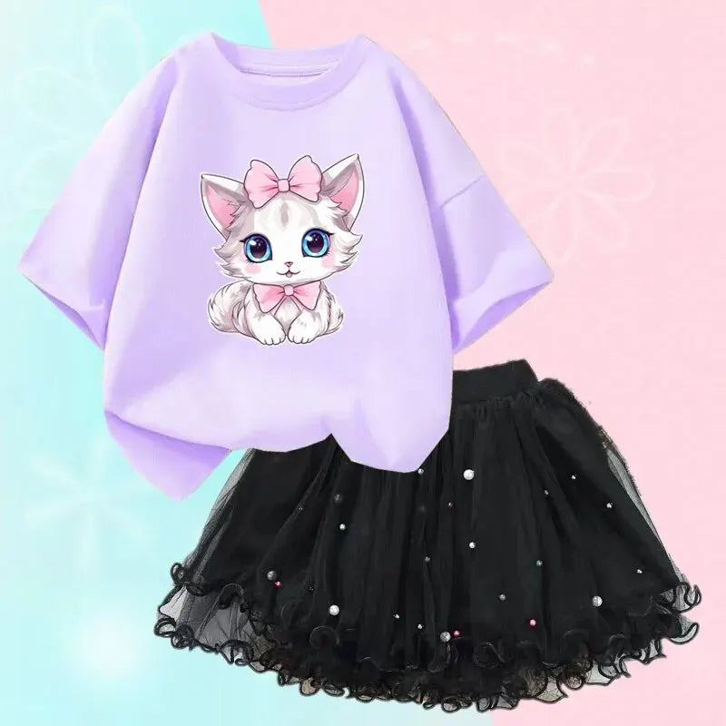 Tenues d'été mignonnes pour filles, T-shirt chat dessin animé et jupe tutu, vêtements de princesse pour filles, vêtements d'anniversaire pour enfants, 2 pièces/ensemble