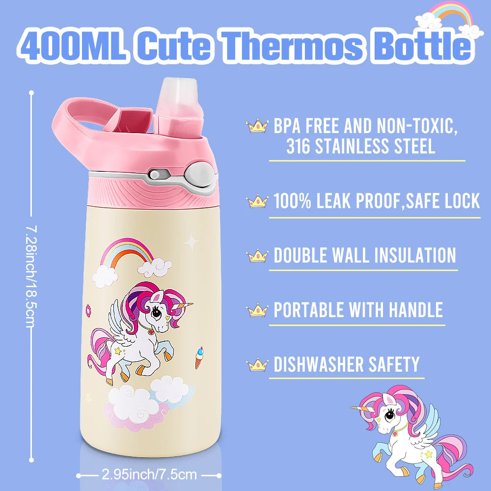 400ML enfants bouteille d'eau dessin animé Animal tasse pour enfants avec paille en acier inoxydable flaques sous vide bouteille Thermos tasse thermique tasses