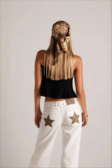Spanish street fashion ONE DILEMMA Style Rivet five-pointed star pattern white jeans women's autumn straight slim pants