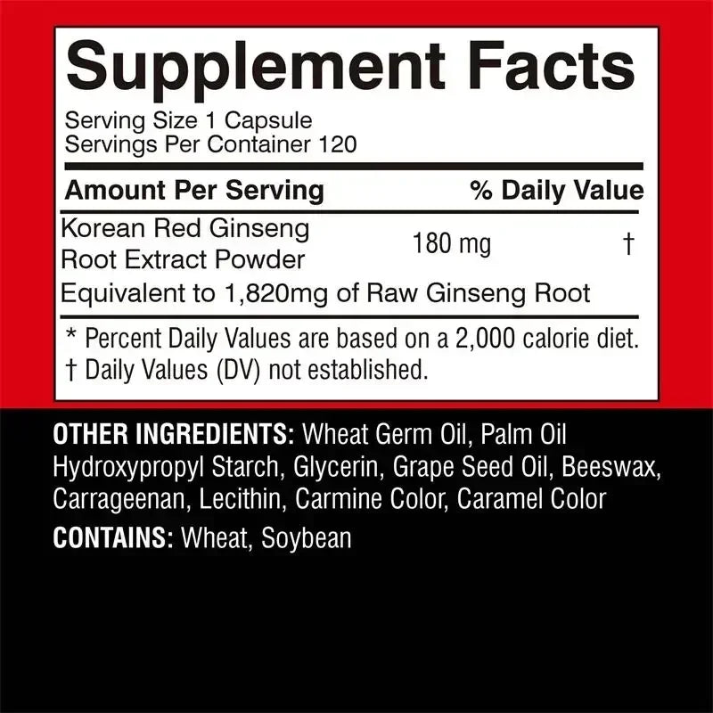 Supplément coréen au ginseng rouge – Soutient la santé globale, augmente la production énergétique, soulage le stress – 120 pièces