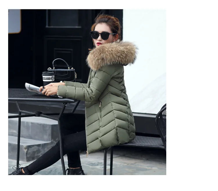 Veste d'hiver mi-longue en coton pour femme, manteau d'hiver rempli de grand col en fourrure, fibre de Polyester de Style britannique Non amovible