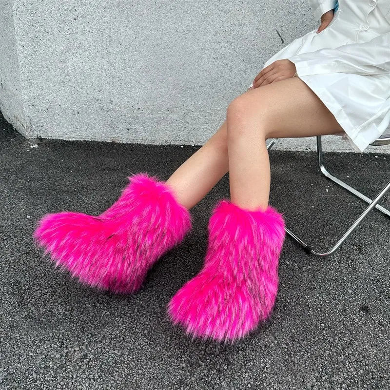 Nouveau Hiver fourrure une pièce fourrure de raton laveur femme bottes de neige chaussures de fourrure en plein air mi jambe bottes