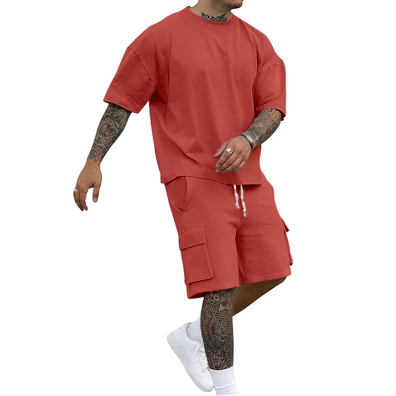 Stylish Utility T-shirt and Shorts Set, New Summer Style, Solid Color, a Casual and Sporty Suit for Men
