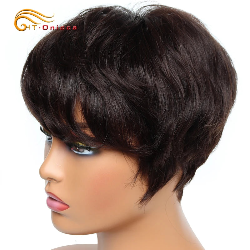 Cheap short human hair wigs, bob pixie cut human hair wig for women, Brazilian hair human hair wig, colored wig with bangs