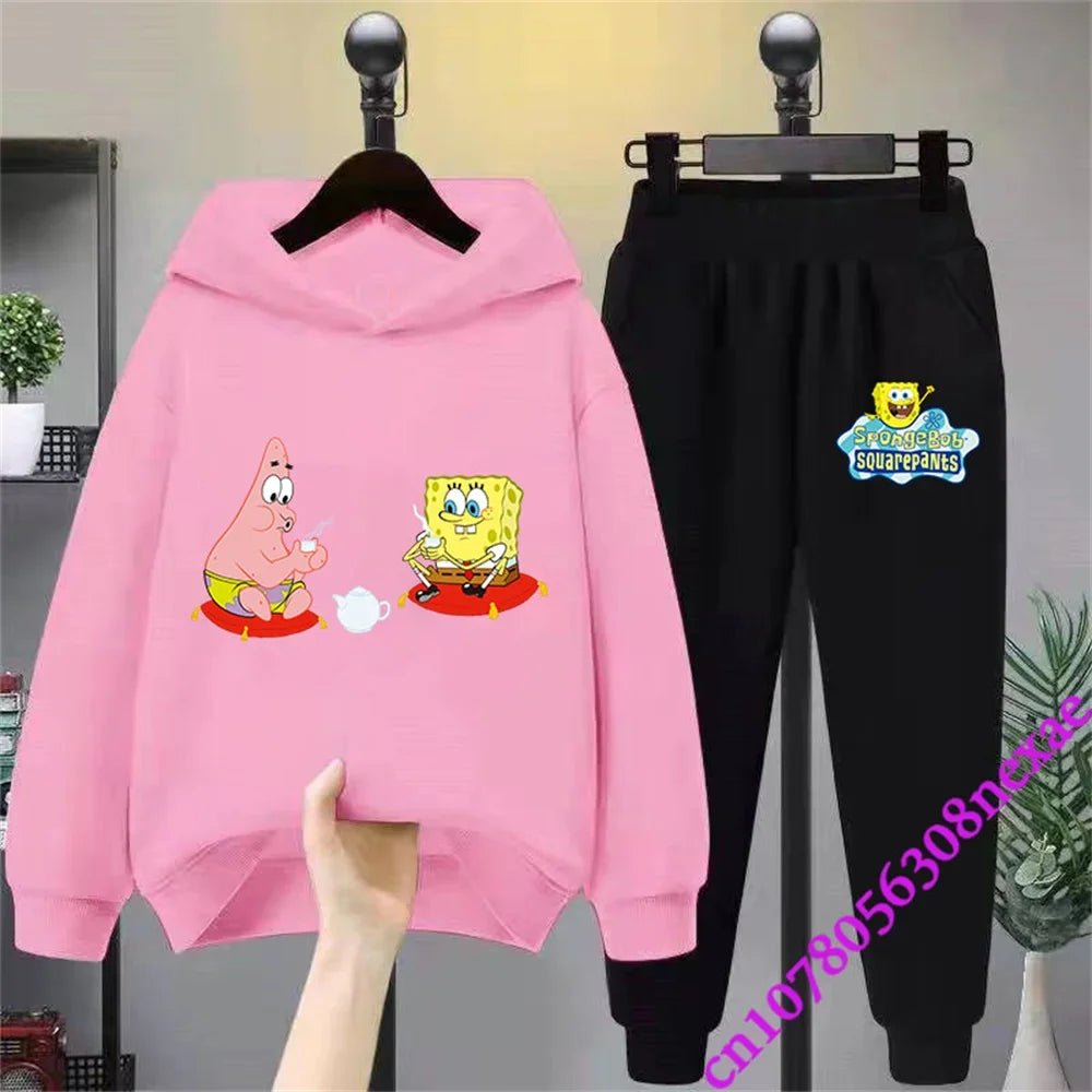 Spongebob-Pull imprimé dessin animé pour enfants, vêtements pour garçons et filles, imbibé, printemps et automne, Sportif, fjedly, 2 pièces