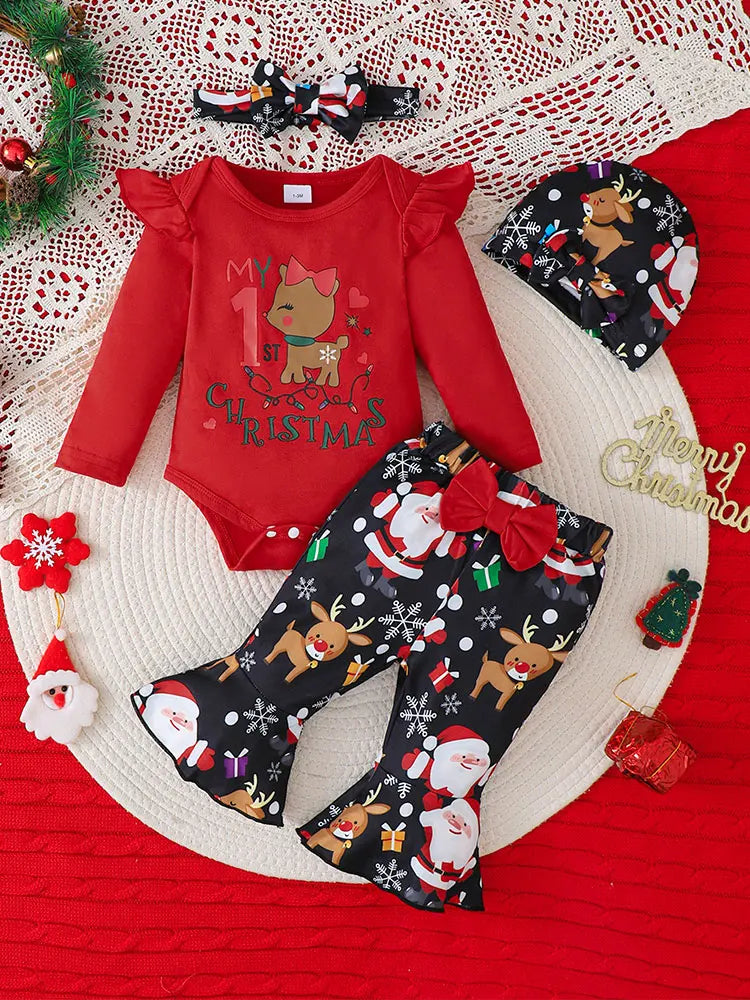 Ensemble de vêtements de Noël pour bébé : joli bas cloche imprimé père Noël et renne avec body à volants rouge et accessoires.