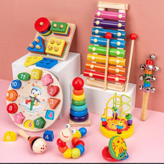 Jouets pour bébé Montessori 9 en 1, ensemble musical en bois: hochet Xylophone, cloche de tambour, puzzle 3D, cadeaux d'apprentissage sensoriel pour 0-12 mois 1-3