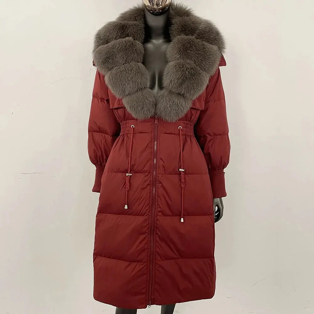 Doudoune longue avec col en fourrure pour femme, pardessus en fourrure de renard, longueur aux genoux, à la mode, chaude, cintrée à la taille, vêtements d'extérieur amincissants