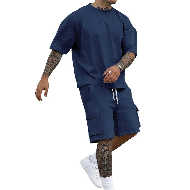 Stylish Utility T-shirt and Shorts Set, New Summer Style, Solid Color, a Casual and Sporty Suit for Men