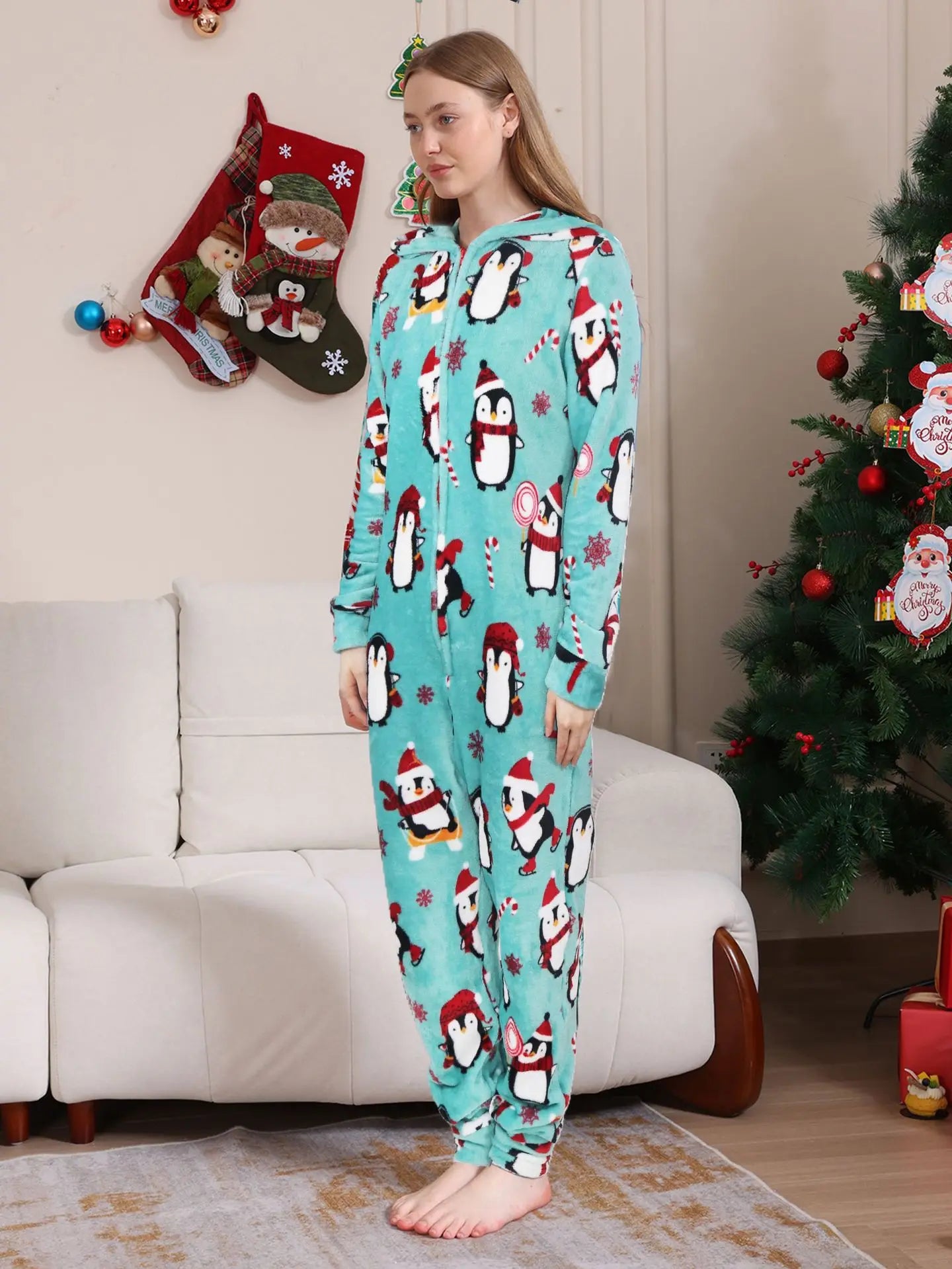 2025 hiver velours chaud doux pyjama famille vêtements de noël ensemble fermeture éclair à capuche combinaison épais ample une pièce costume Homewear Onesie