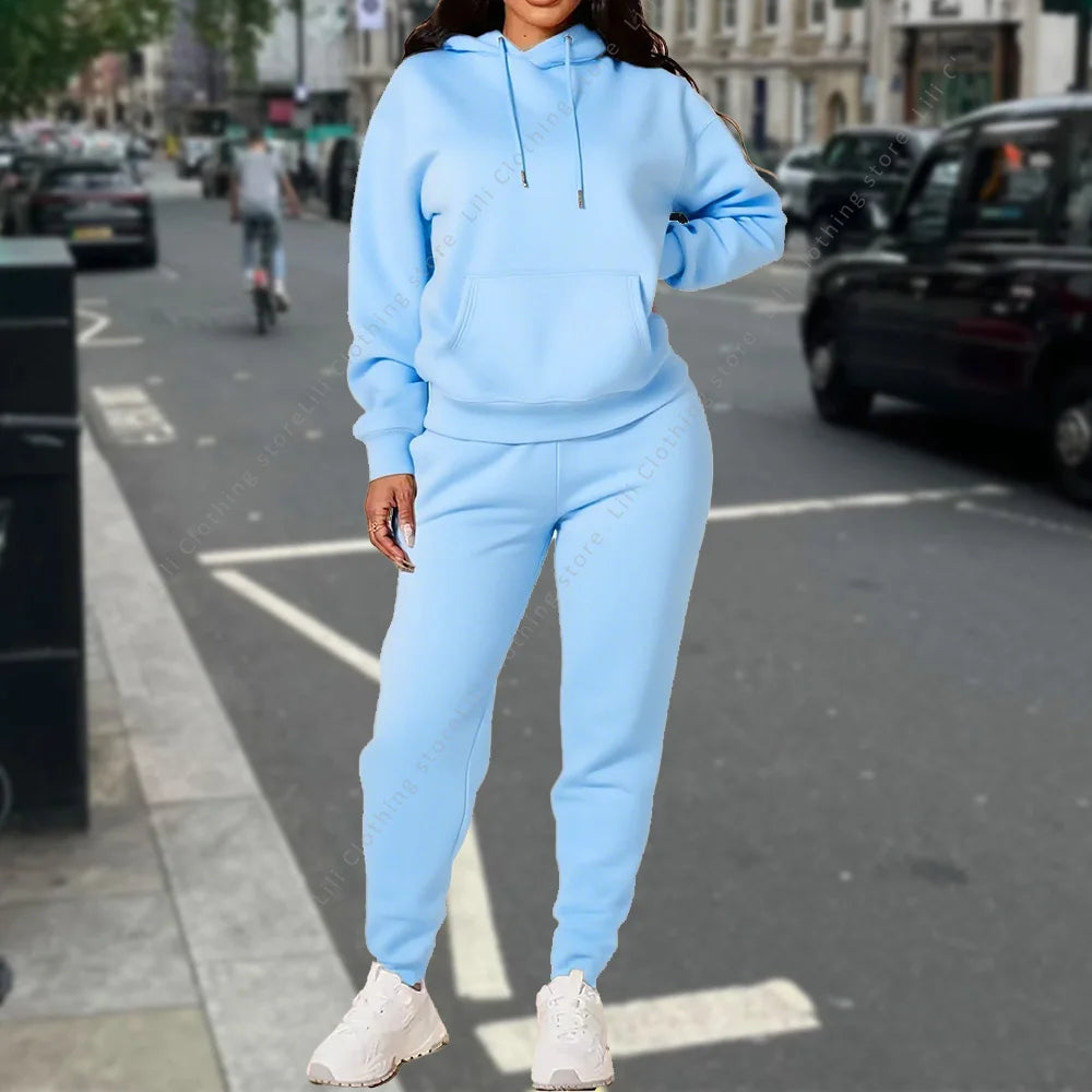 Ensemble deux pièces à capuche et pantalon pour femme, basique, vierge, automne-hiver, sweat-shirt surdimensionné, coupe ample, survêtement féminin