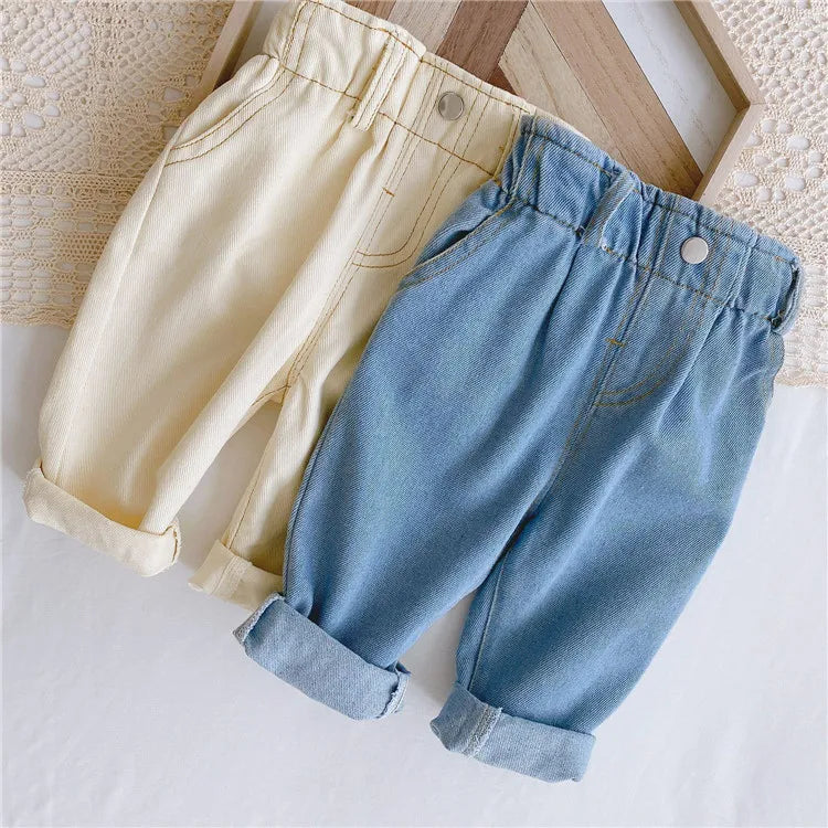Children's jeans, casual pants for boys and girls, high-waisted, solid color, warm jeans, autumn/spring, 9M-4 years