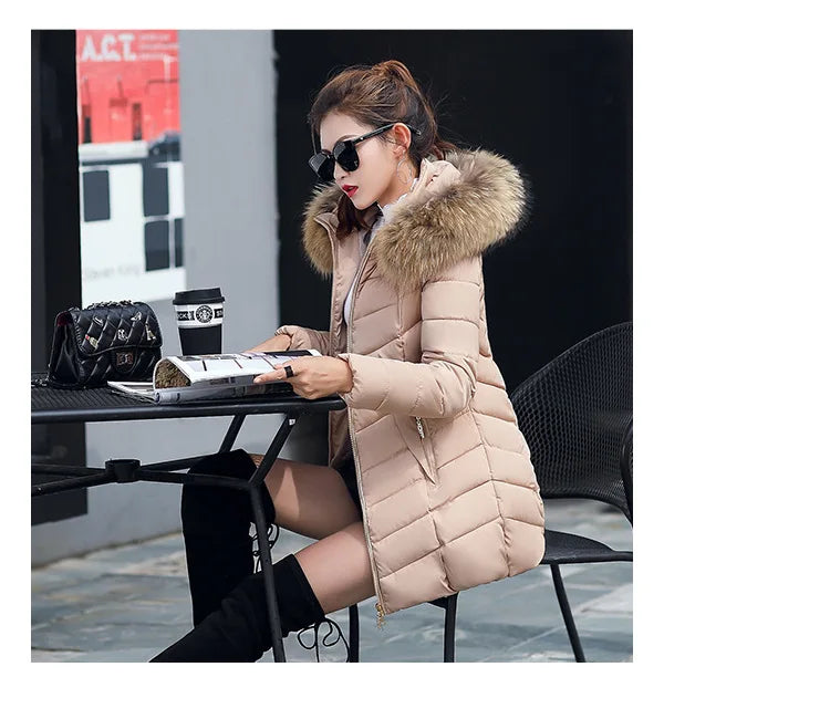 Veste d'hiver mi-longue en coton pour femme, manteau d'hiver rempli de grand col en fourrure, fibre de Polyester de Style britannique Non amovible