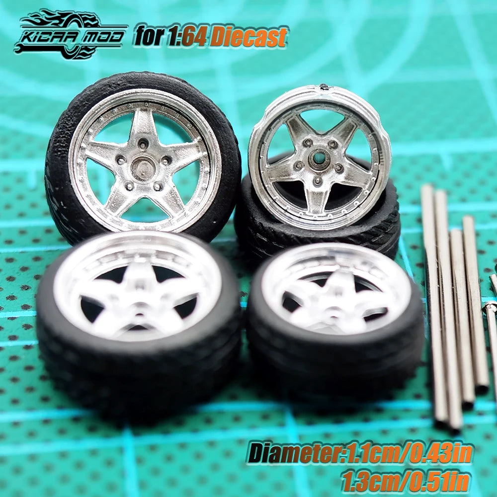 KicarHapp1/64-Jantes Métalliques ABS avec Caoutchouc pour Voiture Miniature, Pièces de Réaménagement Avant, Petite et Arrière