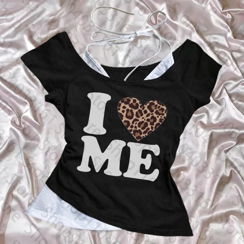 Hauts esthétiques pour femmes, haut court des années 2000, avec bretelles, vêtements gothiques, Vintage Harajuku Grunge, impression I LOVE ME