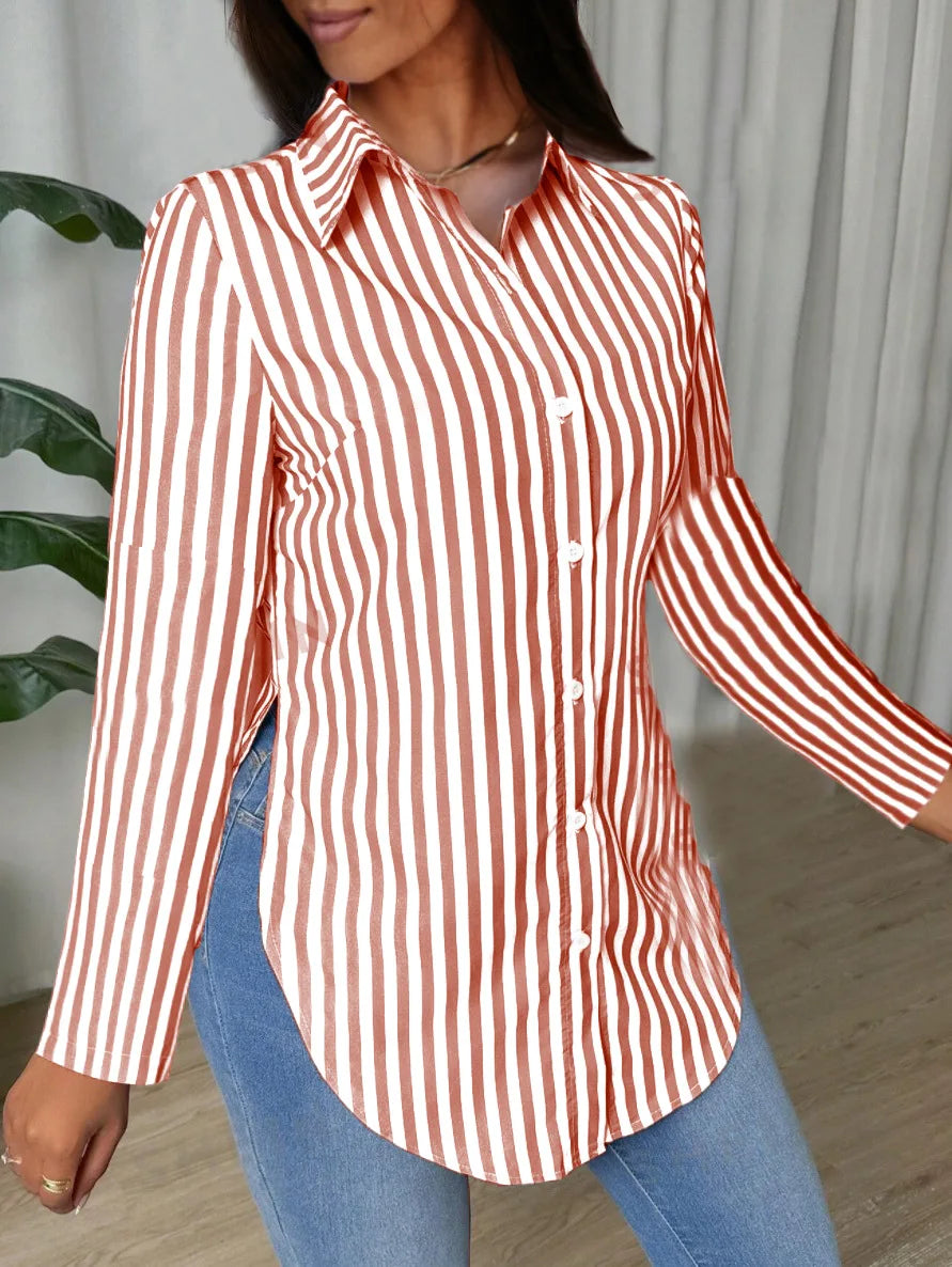Chemise à manches longues rayée boutonnée pour femme avec col classique et ourlet incurvé - Hauts décontractés pour le bureau