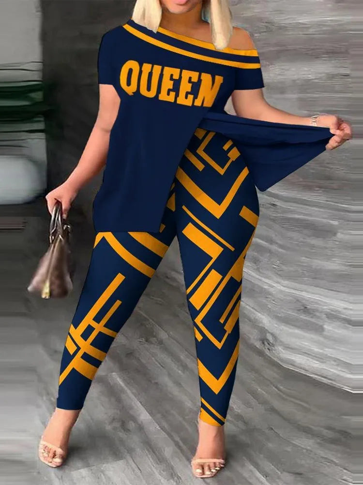 Women's Printed 2 Piece Set, Irregular Slanted Collar Split Top Short Sleeve Long Pants Colorful Outfit Fashion Women Pant Suit