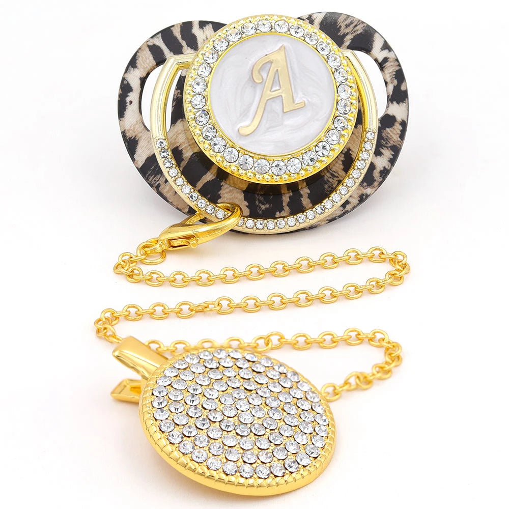 Sucette bébé Bling léopard or attache-sucette 24 nom lettre initiale sans BPA Silicone infantile mamelon factice sucette Chupete