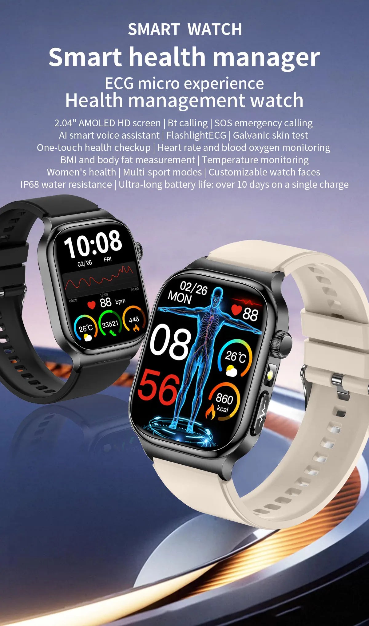 2025 nouvelle montre intelligente 2.04 pouces écran acide urique lipides sanguins composition corporelle cinq détecteurs 650mAh sport HD appel montre intelligente