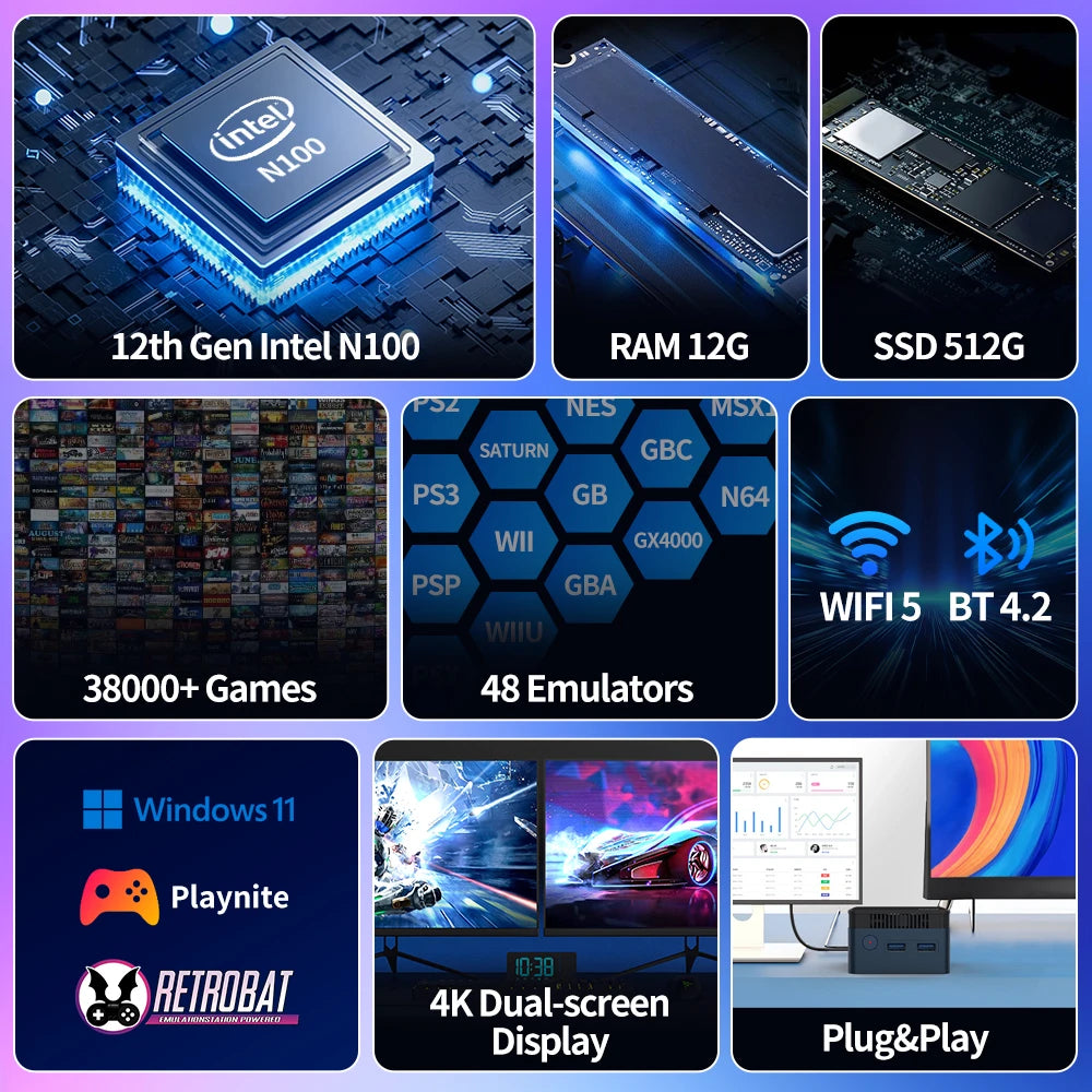Mini PC avec plus de 38000 jeux et 48 émulateurs, Console de jeu pour PS3/PS2/Wii/WiiU/N64/NES/NDS Windows 11, Retrobat et Playnite N100