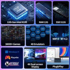 Mini PC avec plus de 38000 jeux et 48 émulateurs, Console de jeu pour PS3/PS2/Wii/WiiU/N64/NES/NDS Windows 11, Retrobat et Playnite N100