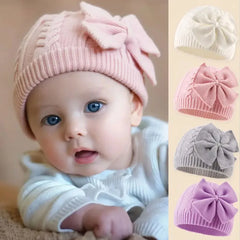 Chapeau tricoté pour bébés enfants de 0 à 2 ans, bonnet tricoté unisexe avec nœud papillon de couleur unie, protège-oreilles, bonnet pour l'automne et l'hiver