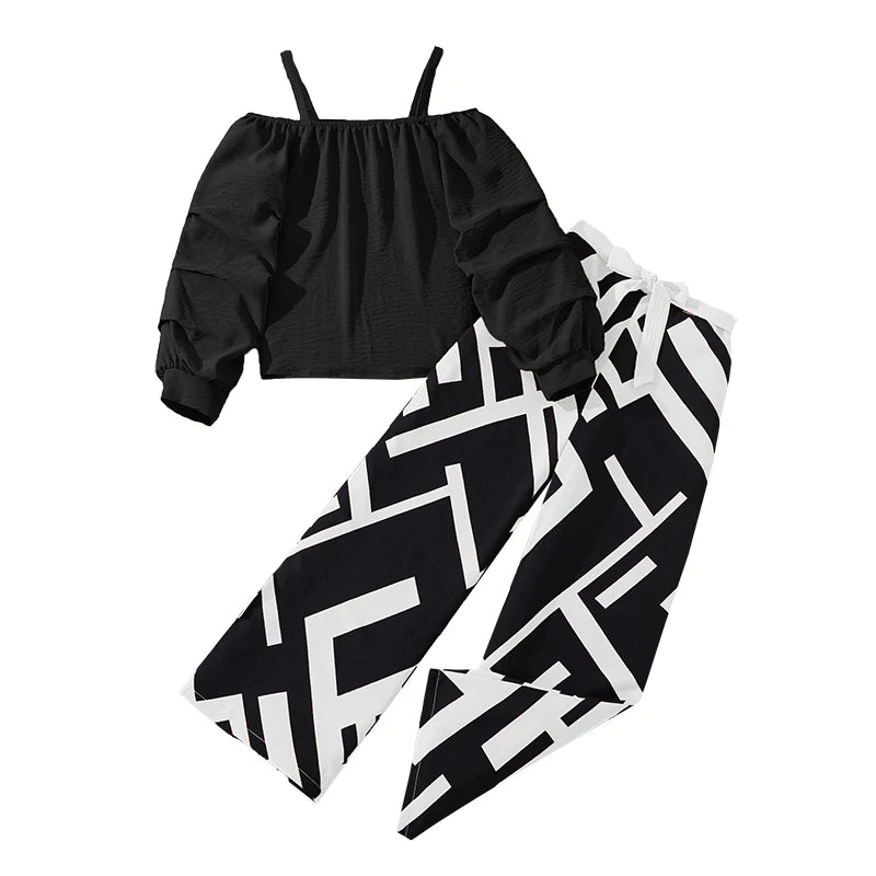 Ensembles de vêtements pour enfants pour filles, kaki, épaules dénudées, haut à manches longues et pantalon imprimé à rayures, costumes pour enfants de Style station d'été OOTD