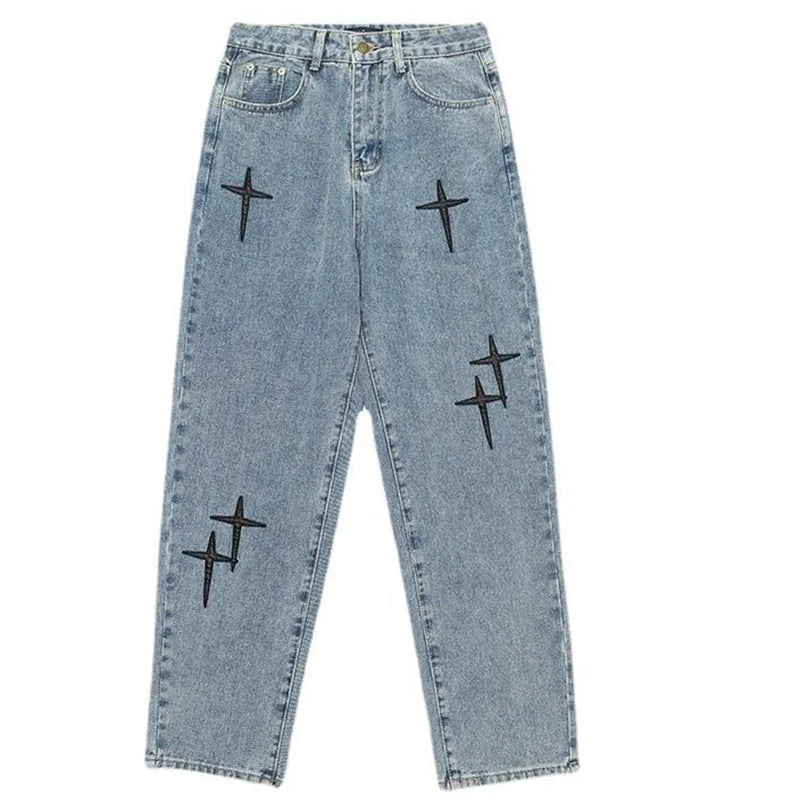 Boyfriend Vintage mode droite décontracté ample Denim Cargo pantalon hommes concepteur imprime étoile jean Streetwear ample jambe large jean