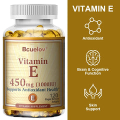 Bcuelov Vitamine E 1000 IU 450mg - pour la peau, les cheveux, la santé circulataire, le support du système immunitaire - supplément antioxydant