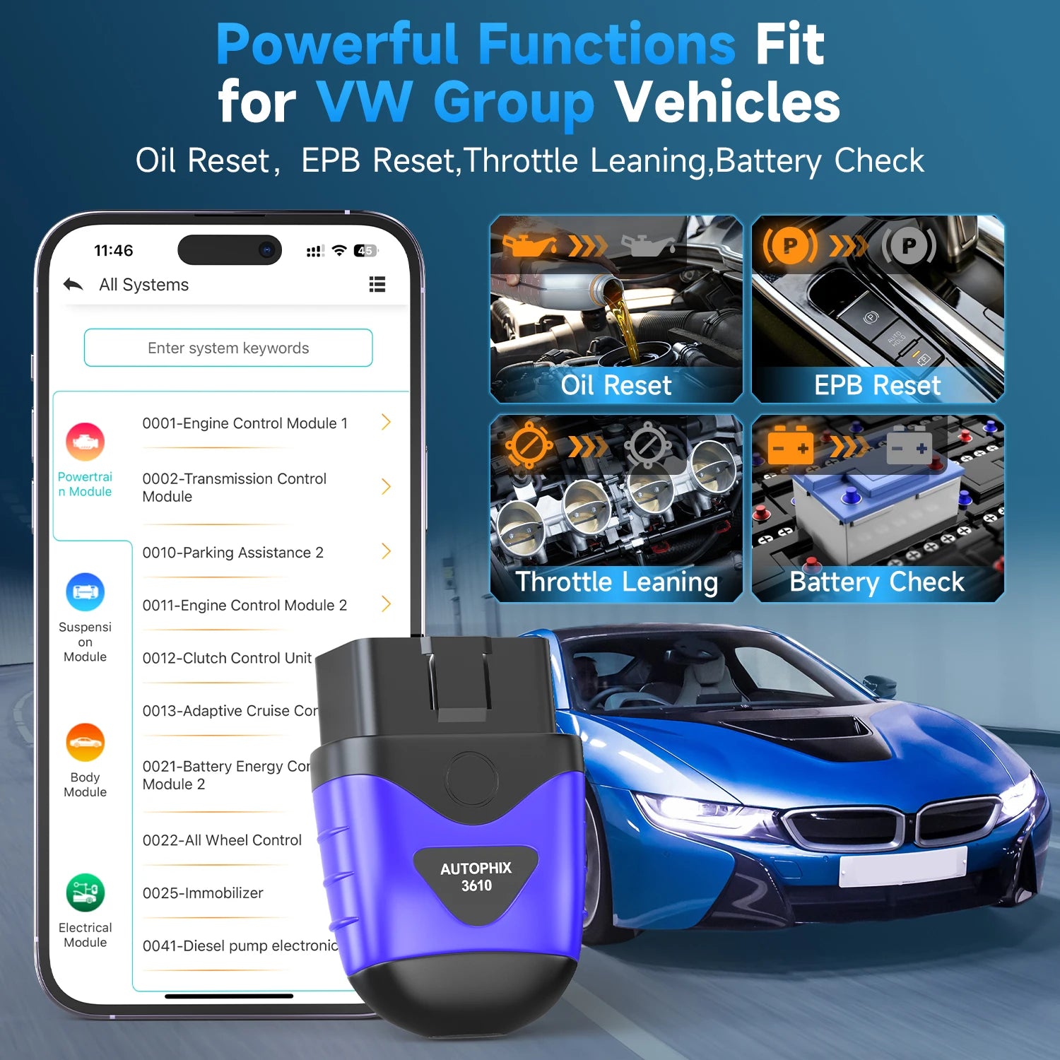 AUTOPHIX 3610 outil de Diagnostic Bluetooth pour VAG VW Audi Skoda SEAT 12V voitures système complet OBD2 Scanner lecteur de Code ABS SRS EPB