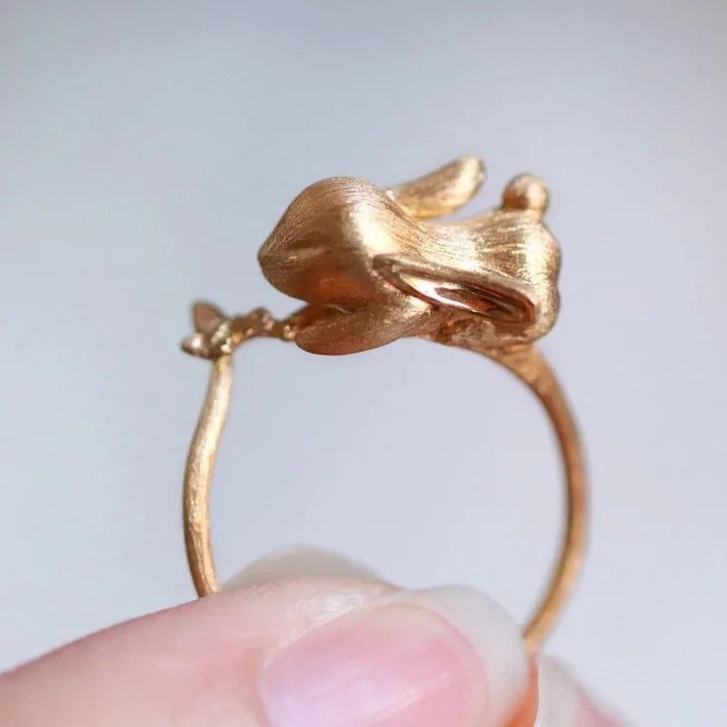 Ensemble de bijoux lapin mignon, boucles d'oreilles artisanales en or ancien mat pour femmes, bague, collier, cadeaux pour petite amie, nouveauté