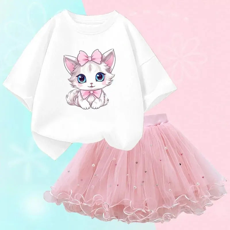 Tenues d'été mignonnes pour filles, T-shirt chat dessin animé et jupe tutu, vêtements de princesse pour filles, vêtements d'anniversaire pour enfants, 2 pièces/ensemble
