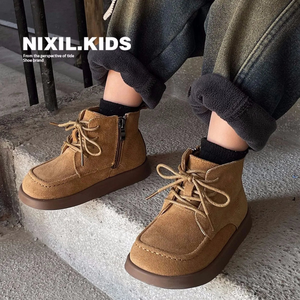 Bottes de neige en cuir véritable pour enfants, peluche, daim, semelle souple, rinçage, extérieur, chaud, garçons, filles, taille 22-33, hiver