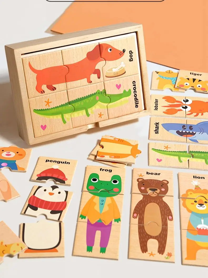 Puzzle assorti en forme d'animal de dessin animé pour enfants, planche de puzzle de cognition de mots anglais pour l'éducation précoce des bébés, jouet en bois