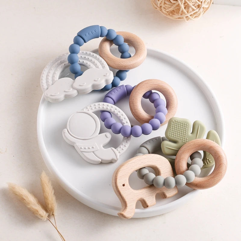 Anneau de dentition en Silicone pour bébé, 1 pièce, sans BPA, Bracelet en Silicone, feuille, jouets de dentition, anneau en bois, dent d'allaitement, jouets cadeaux pour nouveau-né