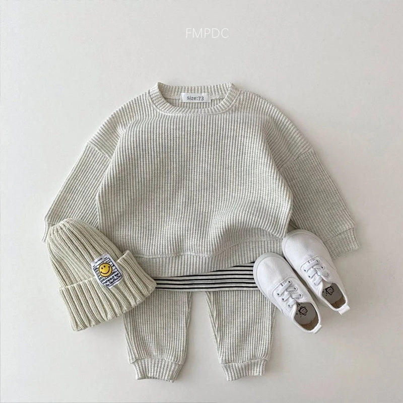 Ensemble de vêtements coréens pour bébés garçons, faux deux pièces en coton gaufré + pantalon, tenue 2 pièces, 2023