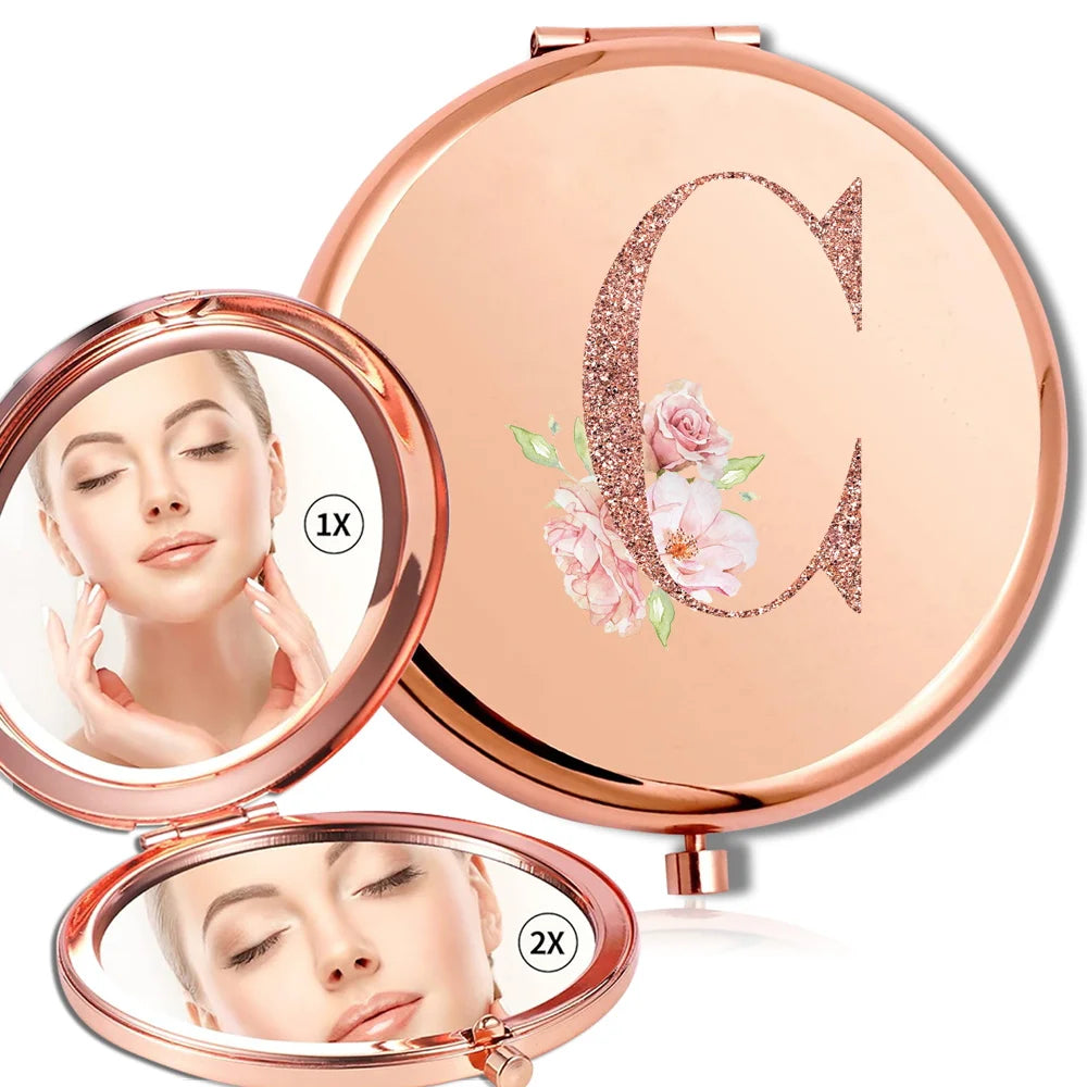 Miroir rond de maquillage grossissant Double face en métal, cosmétique, aspect Portable, verre, Compact, motif de lettres en or Rose