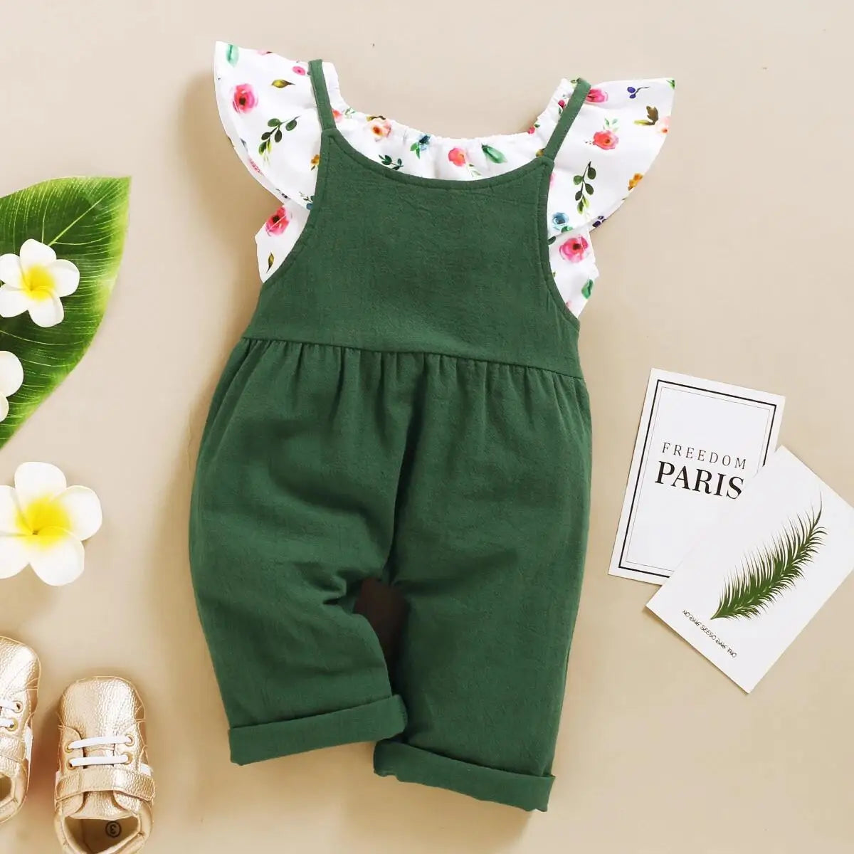 Ensemble de vêtements pour petites filles de 1 à 5 ans, imprimé Floral, feuille de Lotus, haut court + pantalon à bretelles, tenue mignonne à la mode, 2 pièces