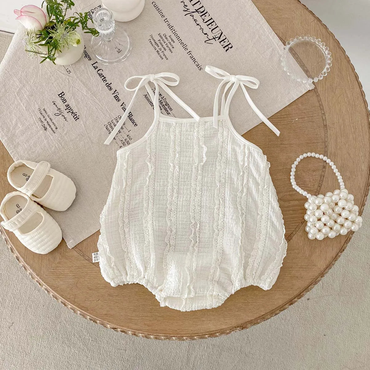 Combinaison d'été basique simple en dentelle pour bébé, combinaison à bretelles fine décontractée pour bébé fille, adaptée aux vêtements d'intérieur et d'extérieur