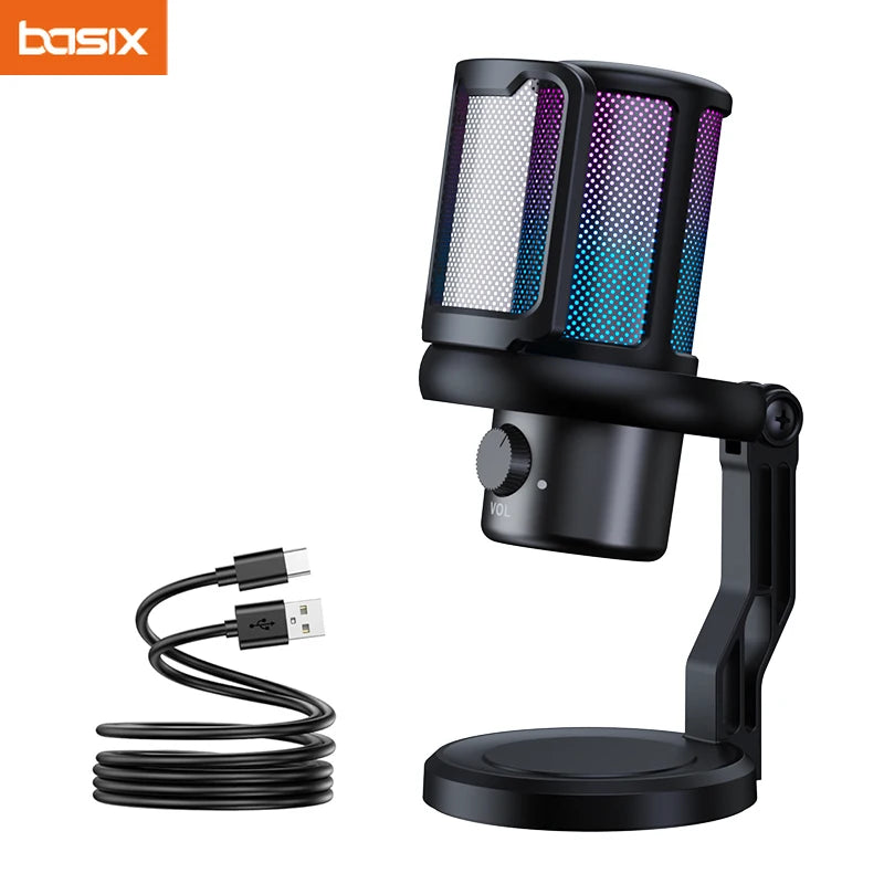 Microphone USB pour PC, Microphone de jeu RGB avec sortie casque et bouton tactile muet, suppression du bruit pour l'enregistrement de Streami