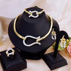 Ensembles de bijoux à la mode pour femmes, couleur or, collier ras du cou, boucles d'oreilles, Bracelets, bague, ensemble de mariage, accessoires de fête