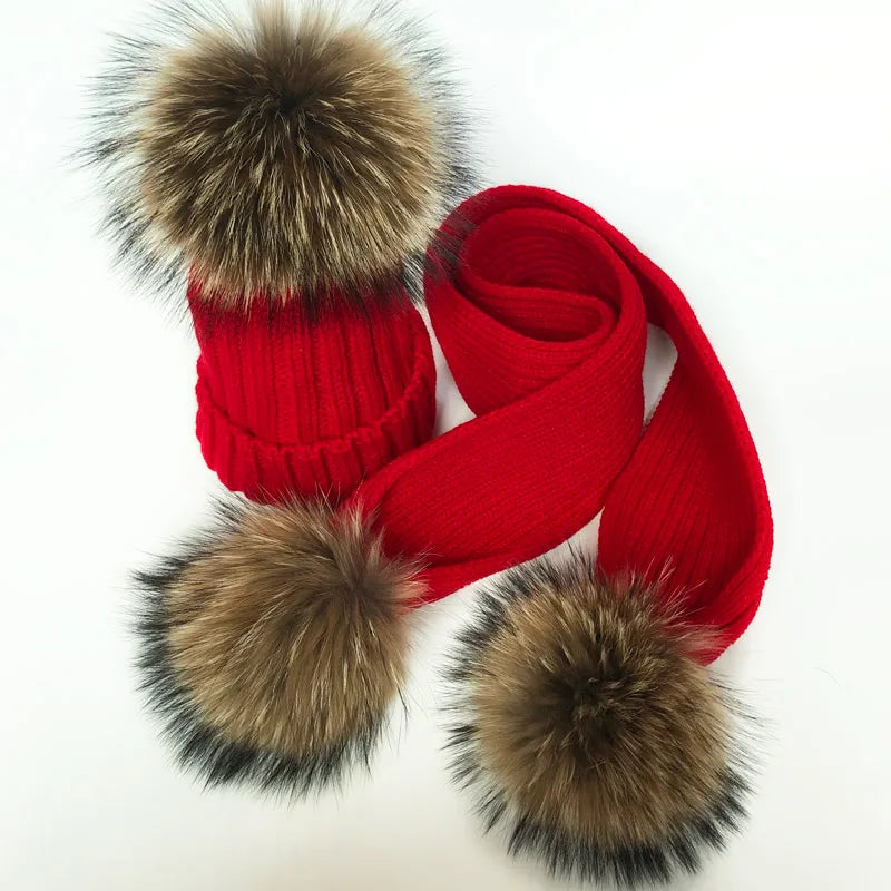 Parent-enfant chapeaux d'hiver mignon bébé fourrure Pompon chapeau écharpe ensembles réel naturel fourrure boule casquettes mère enfants chaud tricoté chapeaux hiver Bea