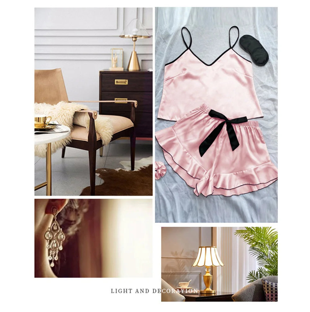 Pyjama en Satin lisse pour femmes, T-Shirt à col en v, bords à volants et short à nœud, ensemble pyjama Simple et respirant, vêtements de maison à bretelles