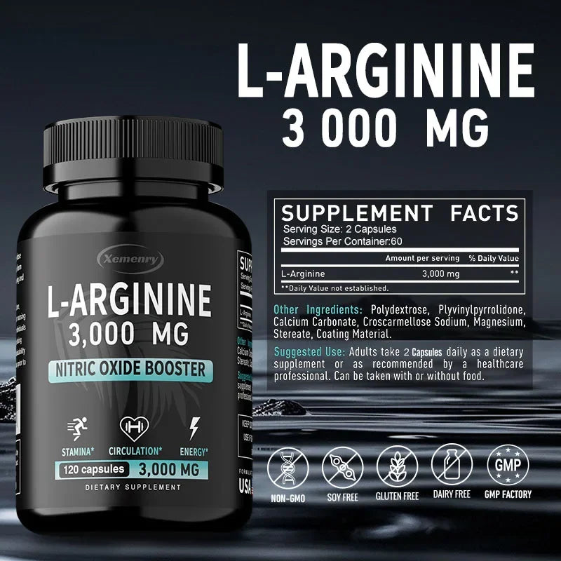 Capsules L-Arginine – Améliore l'énergie, l'endurance, les performances, soutient la croissance musculaire, améliore la circulation sanguine, le système immunitaire